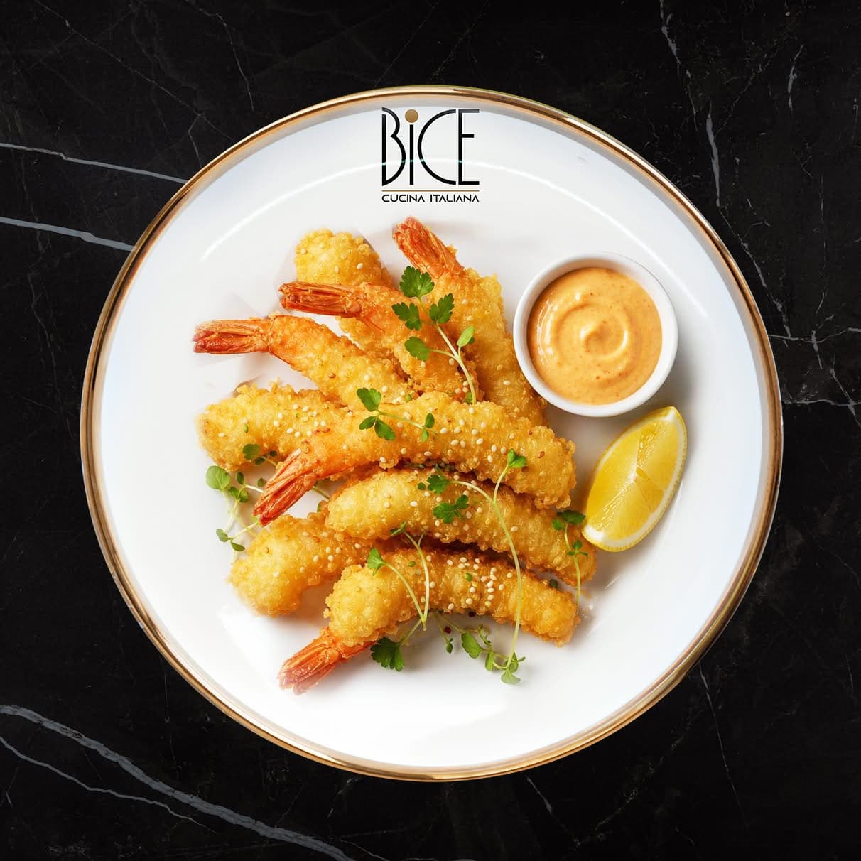Shrimp tempura with spicy mayo Crispy shrimp tempura with zesty spicy mayonnaise at BICE Italian cuisine