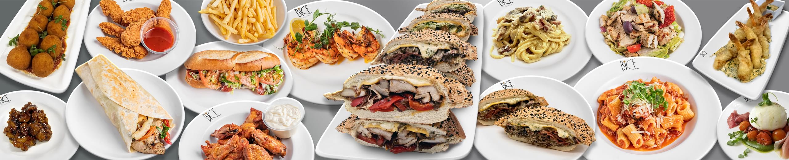 Sélection de plats Bice — sandwichs, pâtes, salades, fruits de mer et plus